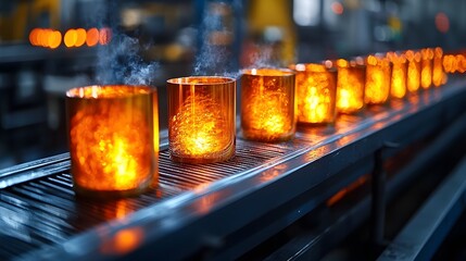 Poster - Detailed Industrial Close Up of Glowing Red Hot Metal Rods on Conveyor System in Factory Production Environment  High Heat Automation and Industrial Manufacturing Concept