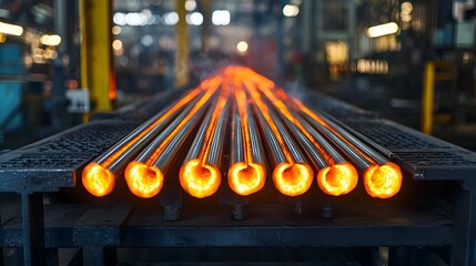 Poster - Detailed industrial close up view of glowing red hot metal rods moving along a conveyor system within a factory environment  The intense heat and bright glow of the molten steel create an abstract