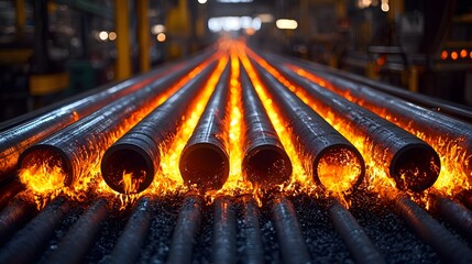 Poster - Detailed industrial image of intense fiery metal rods on a conveyor system in a factory radiating heat and bright light as part of the manufacturing process