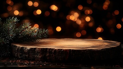 Aufkleber - Detailed side view of a rustic textured wooden plate used as a natural and cozy background enhanced by a warm glowing bokeh effect   perfect for creating a peaceful