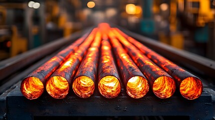 Poster - Dramatic High Definition Image of Glowing Red Hot Metal Rods Moving on Conveyor Belt in Illuminated Industrial Factory Setting with Machinery and Equipment