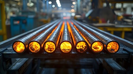 Poster - Glowing metal rods with intense heat being transported on a conveyor belt in an industrial manufacturing facility or warehouse  The radiant luminous tubes reflect the bright