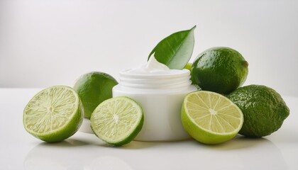 Wall Mural - Revitalizing Green Detox Fresh Lime, Natural Ingredients, and Cosmetic Cream on a White Background