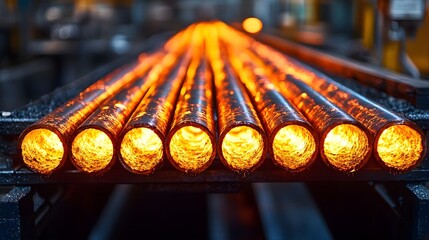 Poster - High definition close up of an industrial conveyor transporting glowing metal rods showcasing the intense radiant heat and the production process within a manufacturing or metalworking facility