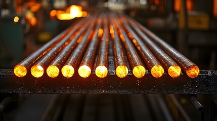 Poster - High definition close up view of an industrial conveyor system transporting glowing metal rods showcasing the radiant heat and intense industrial processes involved in metalworking and manufacturing
