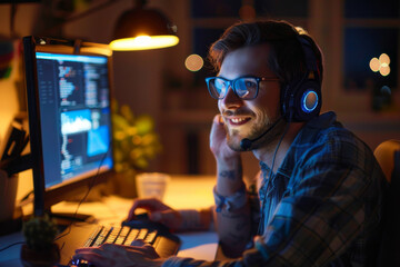Smiling man with headphones programming late at night. Smiling man with headphones programming late at night.
