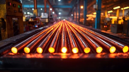 Poster - High definition industrial shot showcasing red hot metal rods glowing on a moving conveyor belt under factory lighting