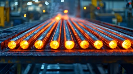 Poster - High definition industrial shot showcasing red hot metal rods glowing on a moving conveyor belt under intense factory lighting highlighting the manufacturing process and technological capabilities