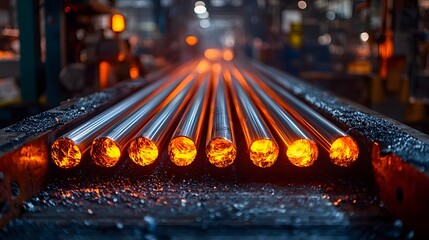 Poster - image of heated metal rods glowing with intense light as they move along a conveyor system within an industrial factory setting