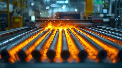 Poster - image of intense heat and glowing metal rods moving on a conveyor belt in a modern industrial factory or workshop setting
