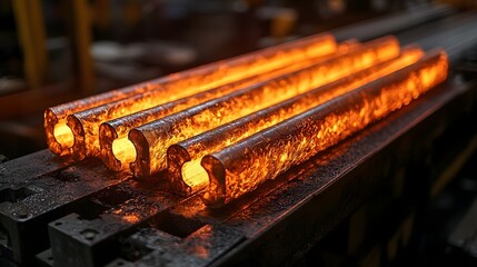 Poster - Intense fiery glow of heated metal rods moving along a conveyor belt in the high temperature environment of an industrial factory or manufacturing facility  Close up