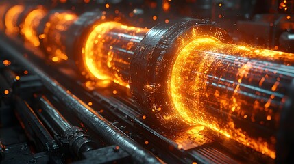 Poster - Intense industrial scene featuring glowing metal rods moving on a conveyor belt captured in high definition with radiant heat effects and a sense of power and manufacturing