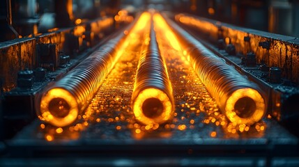 Poster - Intense industrial scene featuring glowing metal rods on a conveyor belt captured in high definition with radiant heat effects