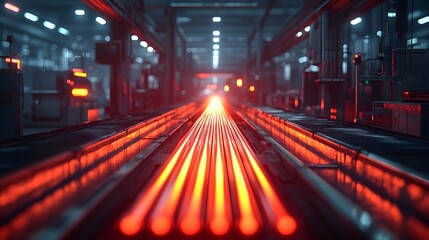 Poster - Intense industrial scene with radiant metal rods glowing bright red as they move along a conveyor belt under the powerful factory lighting showcasing the high energy manufacturing process