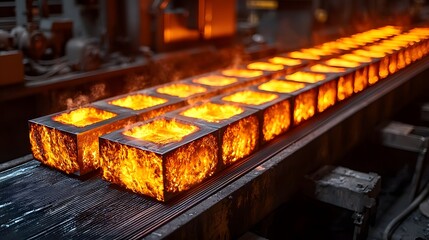 Poster - Radiant metal rods glowing with intense heat as they are transported on a conveyor belt in an industrial manufacturing setting  The fiery