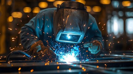 Poster - Skilled industrial welder in action captured with vivid blue sparks and a focus on their safety gear including a welding mask and gloves