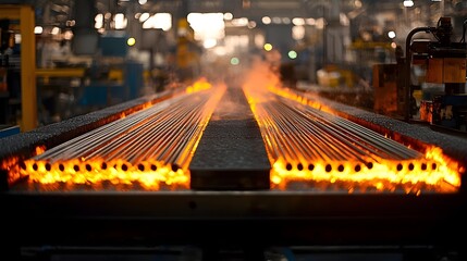 Poster - Vibrant industrial scene showcasing intense glow and heat from metal rods on a factory conveyor belt highlighting the manufacturing and metalworking processes in a dynamic