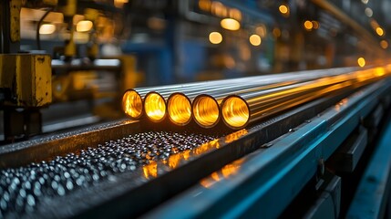 Poster - Vibrant industrial scene showcasing intense glow and heat from metal rods on a factory conveyor belt highlighting the high temperature automated manufacturing processes of heavy industry