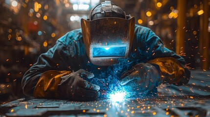 Poster - Welder Engrossed in Dramatic Industrial Welding Work with Bright Blue Sparks Surrounding Them as They Operate Welding Torch on Metal in Workshop