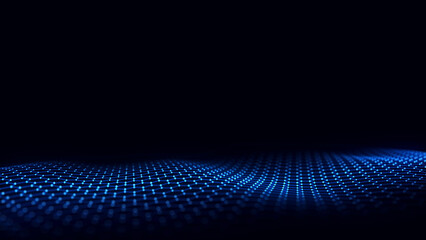 Abstract hexagon wave with blue light on black background. Science background with moving dots ang lines. Network connection technology. Digital structure with particles. 3d rendering.