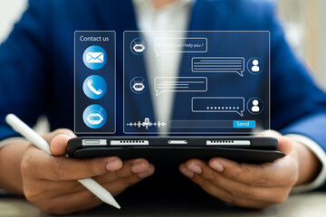 Aufkleber - AI chatbot support,Businessman using digital chatbot app for virtual customer service and instant assistance.Online chatbot conversation,AI CRM,Automated customer assistance and communication solution