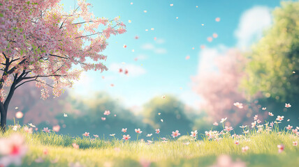Wall Mural - Lush spring meadow with blooming flora and a vibrant sky, creating a peaceful atmosphere.