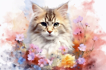 Wall Mural - cute fluffy kitten and flowers on a light background., watercolor style, Generative AI