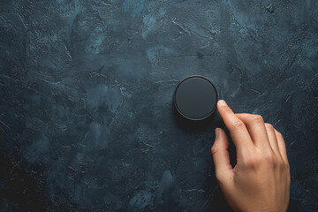 Hand holding a black button on a dark surface with soft lighting and subtle shadows creating an interesting visual contrast