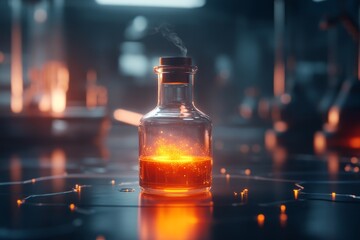 A dark and moody scene of a glowing xenon vial in a shadowy laboratory, with eerie reflections and dramatic lighting