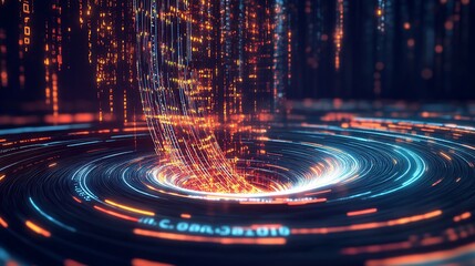 Abstract Data Stream Visualization with Circular Patterns and Orange Glowing Strings