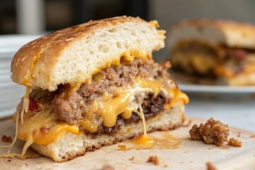 Wall Mural - Close-up shot of a dripping cheese burger slice showcasing the melted cheese and savory meat, close up, food, burger, savory, juicy