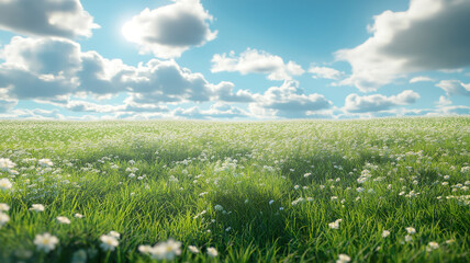 Wall Mural - peaceful grassy field beneath a clear, perfect sky, reflecting the calmness of the day.