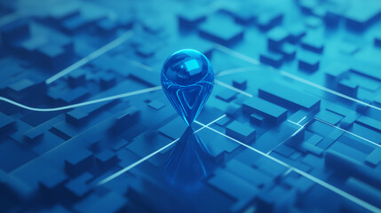 Glossy blue location pin on abstract 3D digital map with geometric grid design
