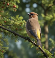 Wall Mural - Cedar waxwing resting on a branch in the trees , outdoor photography , bird behavior, bird roost