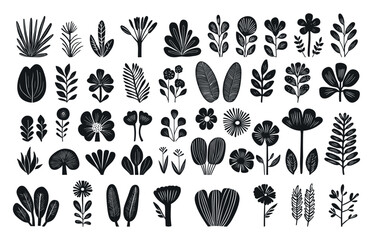 Wall Mural - Botanical Elements Linocut Print Style Icons Set White Floral Designs Inked Plant Silhouettes Hand-drawn Leaves Icons Nature-inspired Symbols Floral Handcrafted Leaves and Flowers