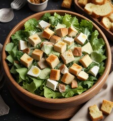 Canvas Print - Classic Caesar salad with croutons and Parmesan cheese served in a wooden bowl, wooden, croutons