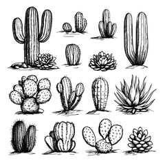 Wall Mural - Cactus Icons Hand Drawn Illustrations Set On White Background Unique Artwork Creative Design Succulent Plant Symbols Desert Flora Collection Artistic Visuals Modern Distinctive Art
