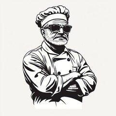 Chef in sunglasses, confident pose, graphic art, possible use apparel design