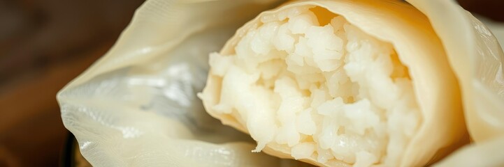 Canvas Print - Close-up of a ketupat rice dumpling, partially unwrapped to reveal its soft and fluffy interior, ketupat, natural