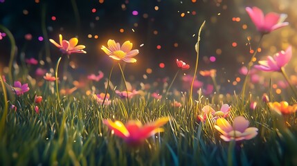 Canvas Print - Magical field of glowing cosmos flowers at sunset.