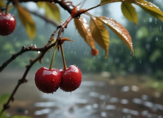 Wall Mural - Close-up of rain-soaked cherry in natural setting , horticulture, nutrition, farming