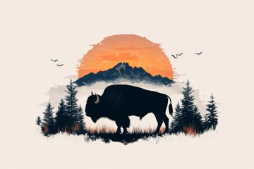 A simple silhouette of a bison against a Wyoming sunset, with bold, flat colors and a modern aesthetic