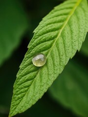 Wall Mural - Close-up shot of a vibrant green leaf covered with a single glistening drop of water, against a blurred background, green leaf, background