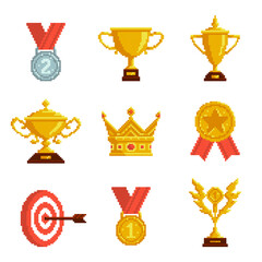 Wall Mural - retro video game pixel golden trophies. medals, cups, crown and statuette, victory awards, mobile ap