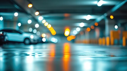 Poster - indoor parking lot with blurred background and bokeh lighting creating a modern urban atmosphere wit