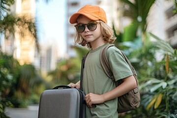 Poster - A young boy with sunglasses and an orange hat stands next to his gray suitcase on the street, holding it in one hand while wearing blue shorts and a green t-shirt. 