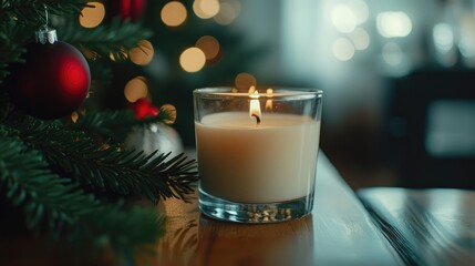 Wall Mural - homemade christmas candle glowing softly on a wooden table surrounded by green pine branches and red