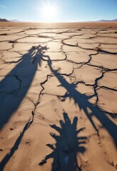 a bright and radiant sun shining in a clear blue sky, casting long shadows across a dry and cracked 