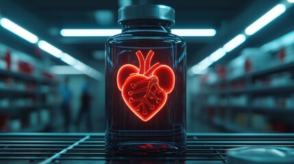 Wall Mural - a glowing heart-shaped object inside a glass bottle, set against a blurred background of shelves, ev
