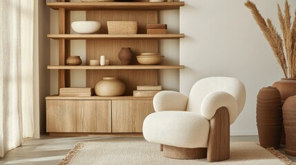 Wall Mural - Cozy minimalistic living room with cream chair and wooden shelves featuring eco-friendly design and ample empty space for copy.